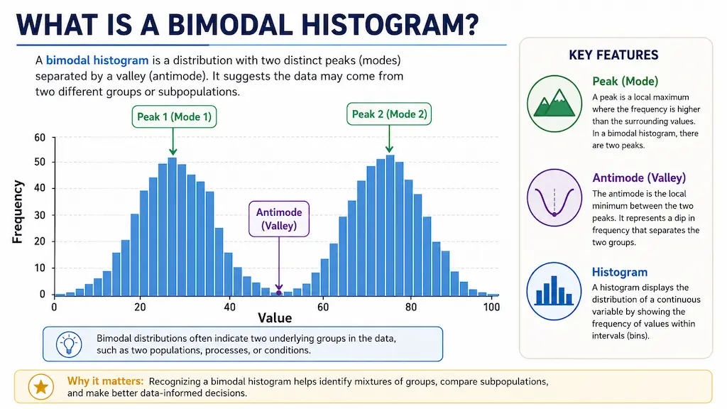 Infographic explaining what a bimodal histogram is, showing two labeled peaks, the antimode valley, and a callout explaining each feature