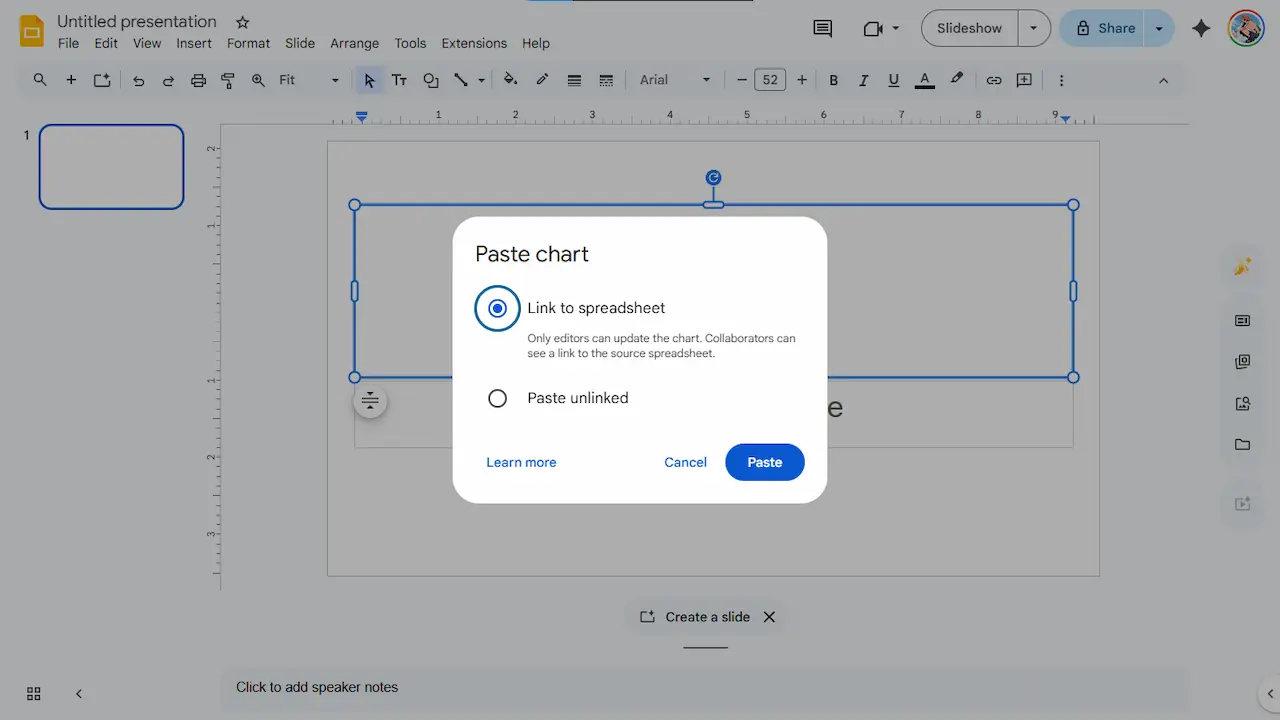 Google Slides dialog box asking whether to link the chart to the Google Sheets spreadsheet or paste it as an unlinked static image