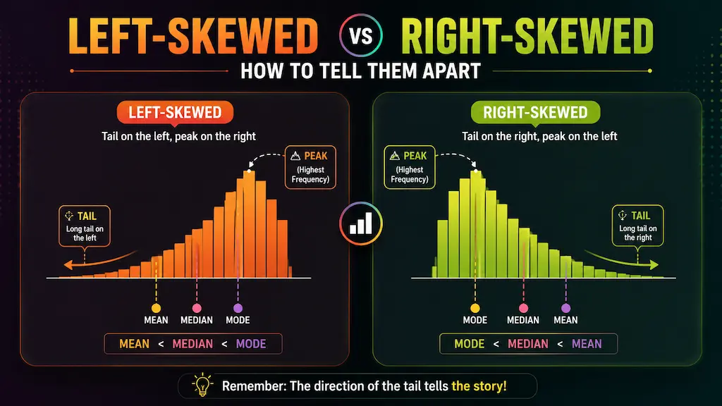 Side-by-side comparison of a left-skewed histogram and a right-skewed histogram, with the tail, peak, mean, and median labeled on each distribution