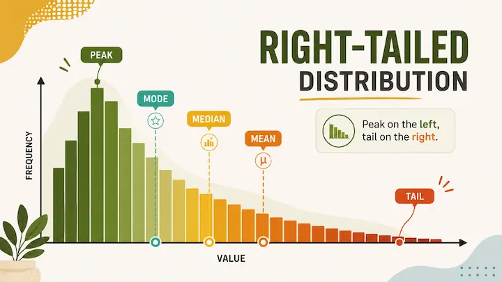 Right-skewed histogram showing a tall peak on the left side, a long tail extending to the right, and labeled positions of the mode, median, and mean from left to right