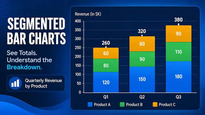 Segmented bar chart example showing quarterly revenue split into colored segments by product line